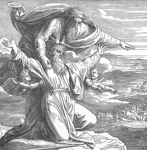 Bóg zaprowadził Mojżesza na górę Nebo i pokazał mu kraj, do którego przez 40 lat wędrował naród wybrany. Mojżesz jednak tam nie wszedł.