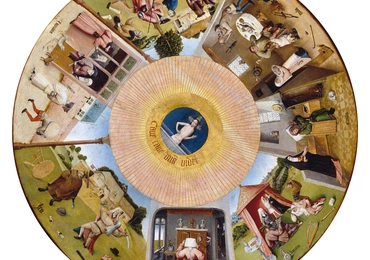 Dama przegląda się w lustrze, a tam zamiast jej odbicia ukazuje się demon. Tak Bosch ukazał  w sposób symboliczny grzech pychy.
(Hieronymus Bosch „Siedem grzechów głównych”, olej na blacie stołu, ok. 1480, Muzeum Prado, Madryt.)
