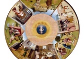 Hieronymus Bosch, „Siedem grzechów głównych”, olej na blacie stołu, ok. 1480,  Muzeum Prado, Madryt.