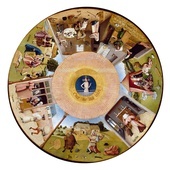 Hieronymus Bosch, „Siedem grzechów głównych”, olej na blacie stołu, ok. 1480,  Muzeum Prado, Madryt.