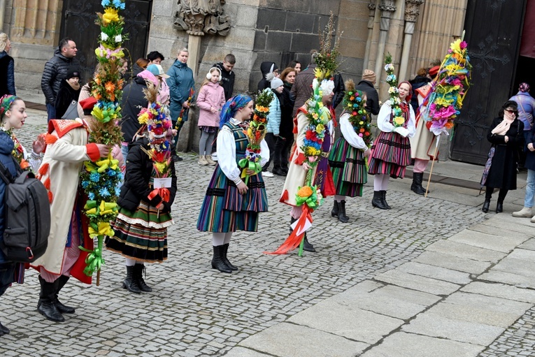 Przemarsz Zespołu Tanecznego "Krąg" z palmami do katedry