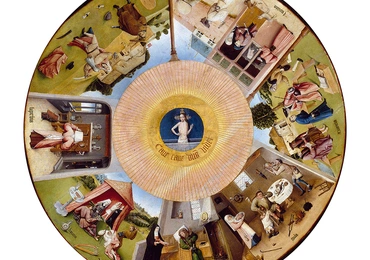 Hieronymus Bosch, „Siedem grzechów głównych”, olej na blacie stołu, ok. 1480,  Muzeum Prado, Madryt.