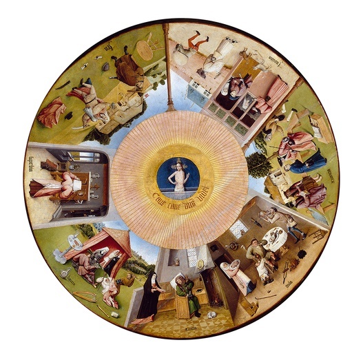 Hieronymus Bosch, „Siedem grzechów głównych”, olej na blacie stołu, ok. 1480,  Muzeum Prado, Madryt.