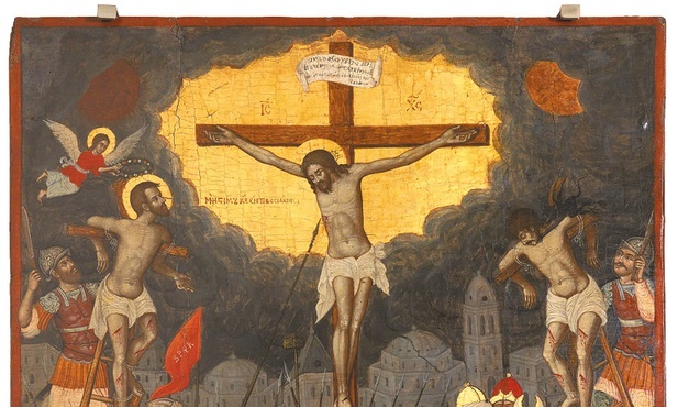 Ioannes Moskos, „Ukrzyżowanie”,  ikona, tempera  na desce 1711.  Dobry Łotr  (z lewej strony)  zwraca się do Jezusa i uzyskuje od niego zapewnienie,  że trafi do raju.