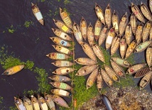 Widok z lotu ptaka na setki łodzi kołyszących się na rzece Buriganga i przypominających do złudzenia płatki kwiatów.
20.04.2022 Dhaka, Bangladesz 