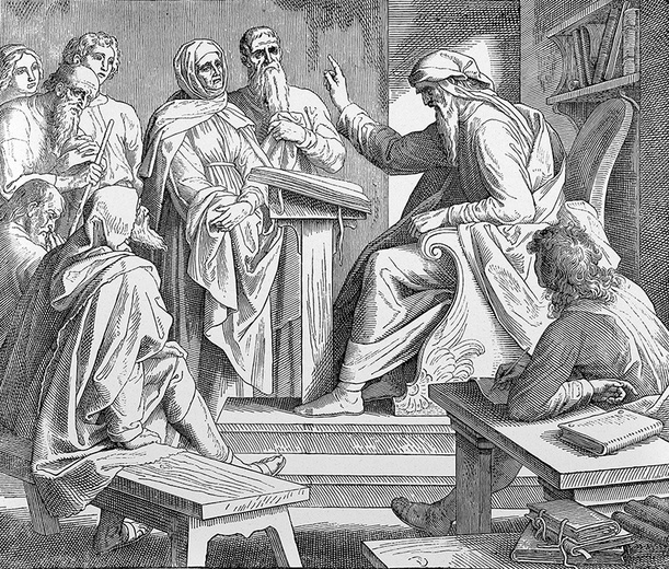 Rycina z Biblii wydanej w 1909 r. Ilustracja do fragmentu Mądrości Syracha 1,8: „Jest Jeden mądry, co bardzo lękiem przejmuje, siedzący na swym tronie”.