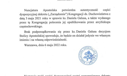 Nuncjatura potwierdza decyzje kurii ws. ks. Galusa