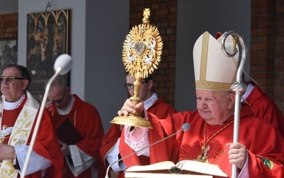 Kardynał Stanisław Dziwisz błogosławi relikwiarzem św. Stanisława.