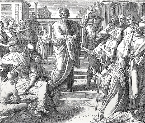 Rycina z Biblii wydanej w 1909 r. Ilustracja do fragmentu Dziejów Apostolskich (17,22;23), opisującego wystąpienie Pawła na ateńskim Areopagu.