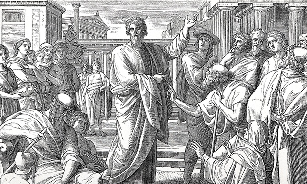 Rycina z Biblii wydanej w 1909 r. Ilustracja do fragmentu Dziejów Apostolskich (17,22;23), opisującego wystąpienie Pawła na ateńskim Areopagu.