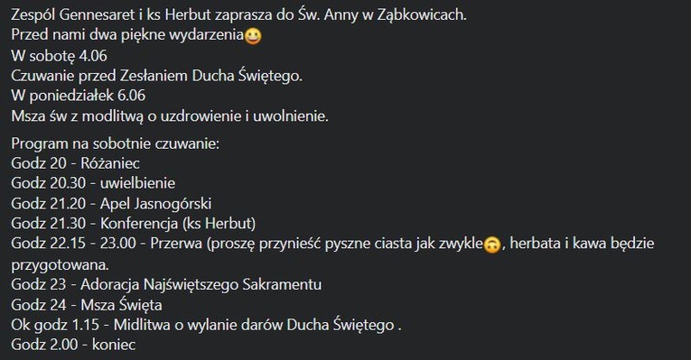 Materiały promujące wigilie Zesłania Ducha Świętego w diecezji świdnickiej