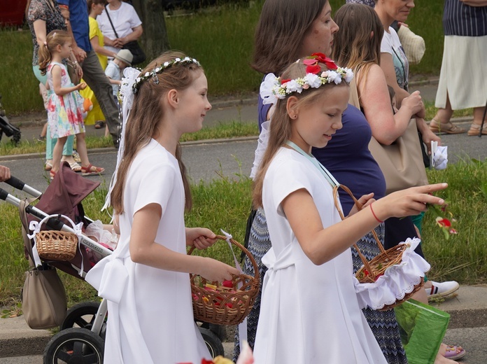 Procesja eucharystyczna z wrocławskiego Kozanowa na Pilczyce z kwietnymi dywanami