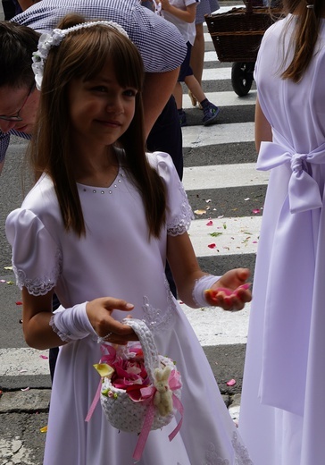 Procesja eucharystyczna z wrocławskiego Kozanowa na Pilczyce z kwietnymi dywanami