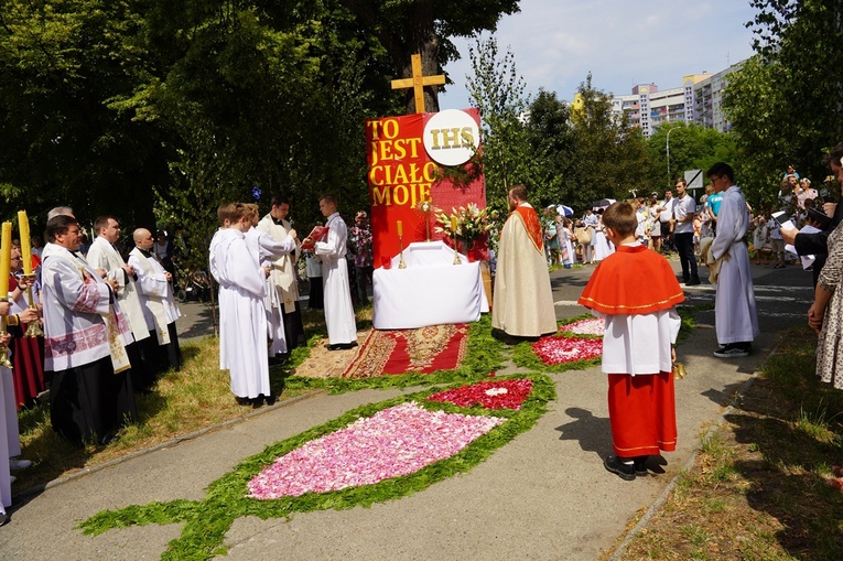 Procesja eucharystyczna z wrocławskiego Kozanowa na Pilczyce z kwietnymi dywanami