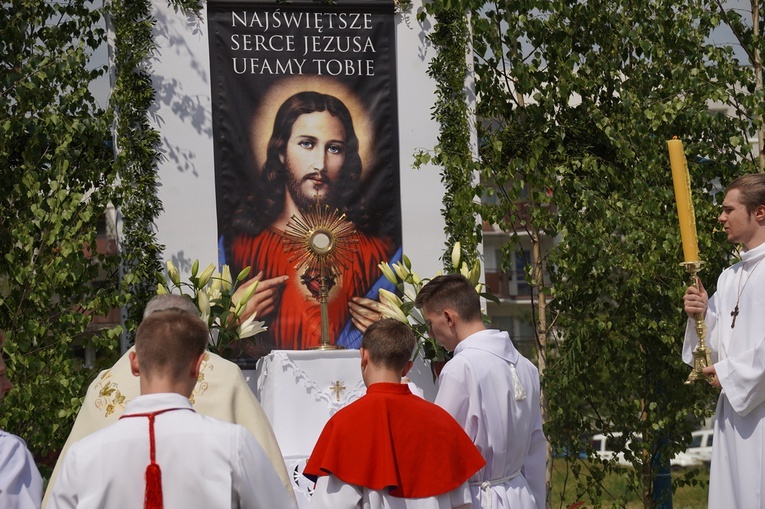 Procesja eucharystyczna z wrocławskiego Kozanowa na Pilczyce z kwietnymi dywanami