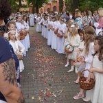 Procesja eucharystyczna z wrocławskiego Kozanowa na Pilczyce z kwietnymi dywanami