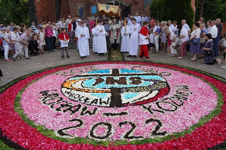 Procesja eucharystyczna z wrocławskiego Kozanowa na Pilczyce z kwietnymi dywanami