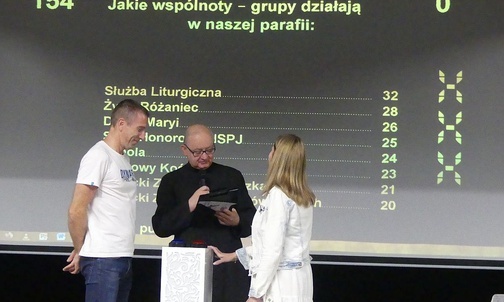 "Familiadę" poprowadził ks. prałat Marcin Aleksy. Na zdjęciu - rywalizajca rodziców ministrantów i Dzieci Maryi.