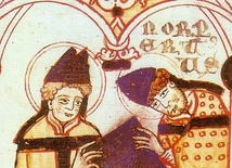 Norbert z Xanten (po prawej) otrzymuje regułę augustyńska od św. Augustyna z Hippony. Ilustracja z "Żywota św. Norberta" (XII w.). Źródło: domena publiczna.