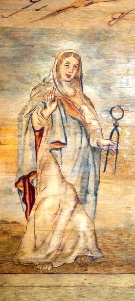 Malowidło w kościele św. Katarzyny Aleksandryjskiej w Sierakowicach z charakterystycznym przymiotem (XVII w.).
