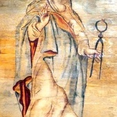 Malowidło w kościele św. Katarzyny Aleksandryjskiej w Sierakowicach z charakterystycznym przymiotem (XVII w.).