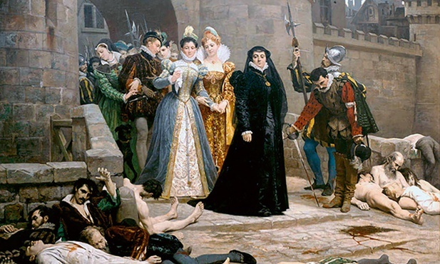 Katarzyna Medycejska, matka króla Karola IX, ogląda po nocy św. Bartłomieja zwłoki zamordowanych hugenotów.