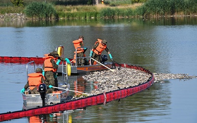 Akcja oczyszczania Odry  ze śniętych ryb  przy użyciu zapory elastycznej w Widuchowej.