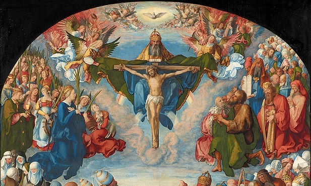 Albrecht Dürer, „Adoracja Trójcy Świętej”. Artysta namalował różne grupy świętych. Za Janem Chrzcicielem (na prawo od Chrystusa u góry) widzimy osoby ze Starego Testamentu. Łatwo rozpoznać króla Dawida z harfą i Mojżesza z tablicami przykazań.