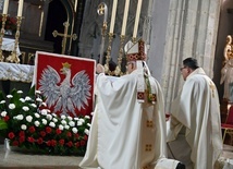 Biskup klękający przed ołtarzem strzegomskiej bazyliki.