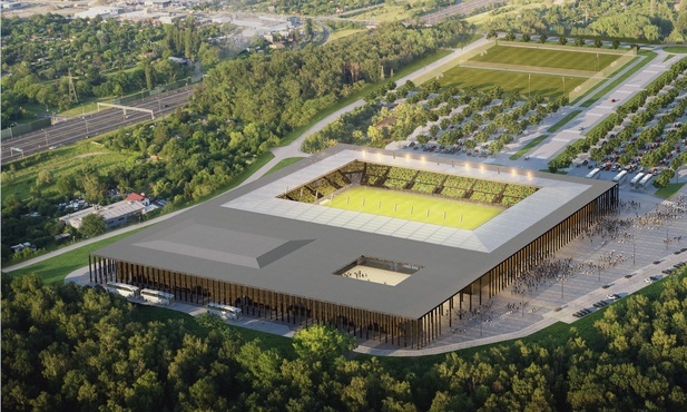Katowice. Nowy stadion miejski. Montowane są trybuny