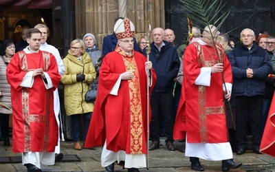 Biskup w czasie procesji z palmami w świdnickiej katedrze.