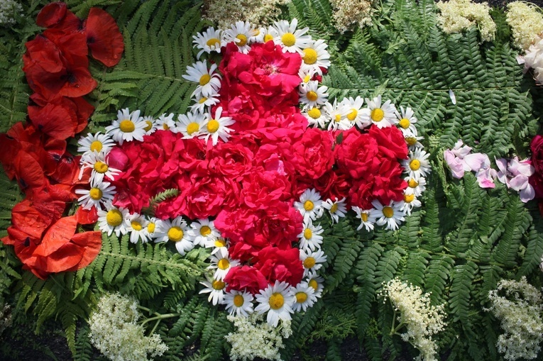 Procesja Bożego Ciała po kwietnych dywanach w Zalesiu Śląskim