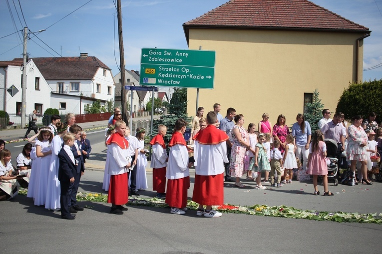 Procesja Bożego Ciała po kwietnych dywanach w Zalesiu Śląskim