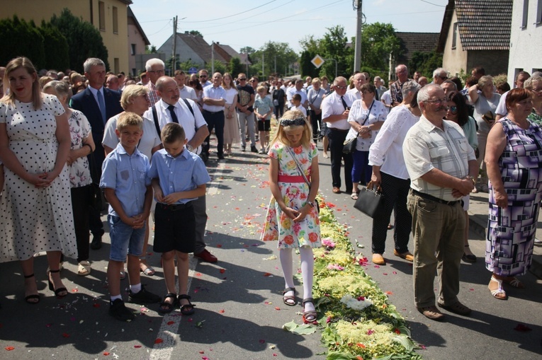 Procesja Bożego Ciała po kwietnych dywanach w Zalesiu Śląskim