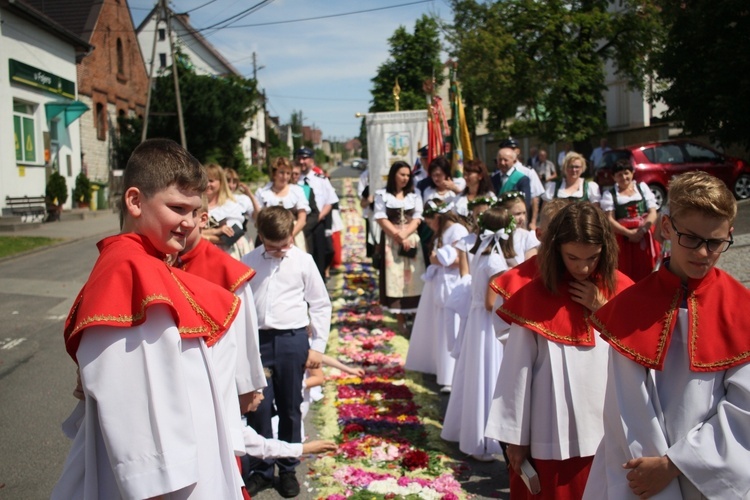 Procesja Bożego Ciała po kwietnych dywanach w Zalesiu Śląskim