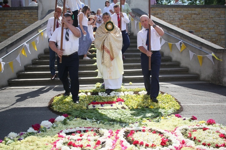 Procesja Bożego Ciała po kwietnych dywanach w Zalesiu Śląskim