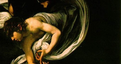 Caravaggio, Natchnienie św. Mateusza - fragment.