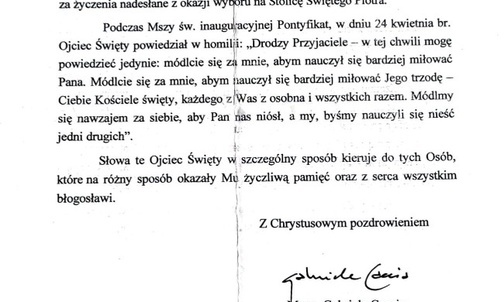 W maju 2005 roku wysłany był z Watykanu w imieniu papieża Benedykta XVI pierwszy list.