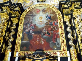 „Adoracja Najświętszego Sakramentu” – barokowy obraz z ołtarza wotywnego Bractwa Bożego Ciała (kościół Wszystkich Świętych, Gliwice).