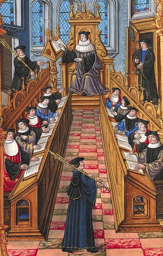  Wykład na paryskiej Sorbonie na ilustracji manuskryptu z I połowy XVI wieku.