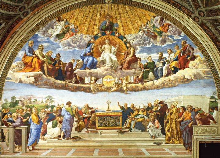 Rafael (Raffaello Santi, zwany też Sanzio), „Dysputa o Eucharystii”, fresk, 1508–1509, Pałac Papieski, Watykan.