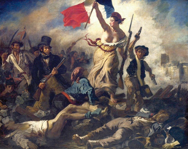 Symbolicznie ukazujący ideę rewolucji obraz „Wolność wiodąca lud na barykady”. Eugene Delacroix namalował go w 1830 r.