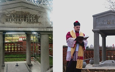 Grobowiec Steczkowskich przed renowacją (z lewej) i w czasie poświęcenia przez ks. prał. Kazimierza Talarka.