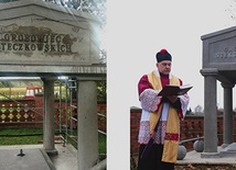 Grobowiec Steczkowskich przed renowacją (z lewej) i w czasie poświęcenia przez ks. prał. Kazimierza Talarka.