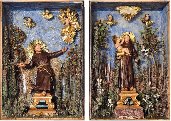 Stygmatyzacja św. Franciszka (z lewej) oraz św. Antoni z Dzieciątkiem (z prawej). Pożar ich nie strawił, choć są wykonane z... wosku.