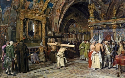 José Jiménez Aranda, „Pokutnicy w dolnym kościele bazyliki w Asyżu”, olej na płótnie, 1874, Muzeum Prado, Madryt. 