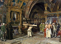 José Jiménez Aranda, „Pokutnicy w dolnym kościele bazyliki w Asyżu”, olej na płótnie, 1874, Muzeum Prado, Madryt. 