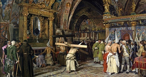 José Jiménez Aranda, „Pokutnicy w dolnym kościele bazyliki w Asyżu”, olej na płótnie, 1874, Muzeum Prado, Madryt. 