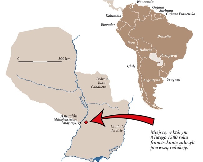 Mapa Ameryki Południowej z zaznaczonym i powiększonymobszaremdzisiejszegoParagwaju.