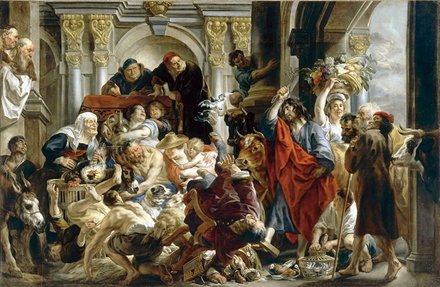 Jacob Jordaens Jezus wypędza przekupniów  ze świątyni olej na płótnie, ok. 1650 r., Luwr, Paryż